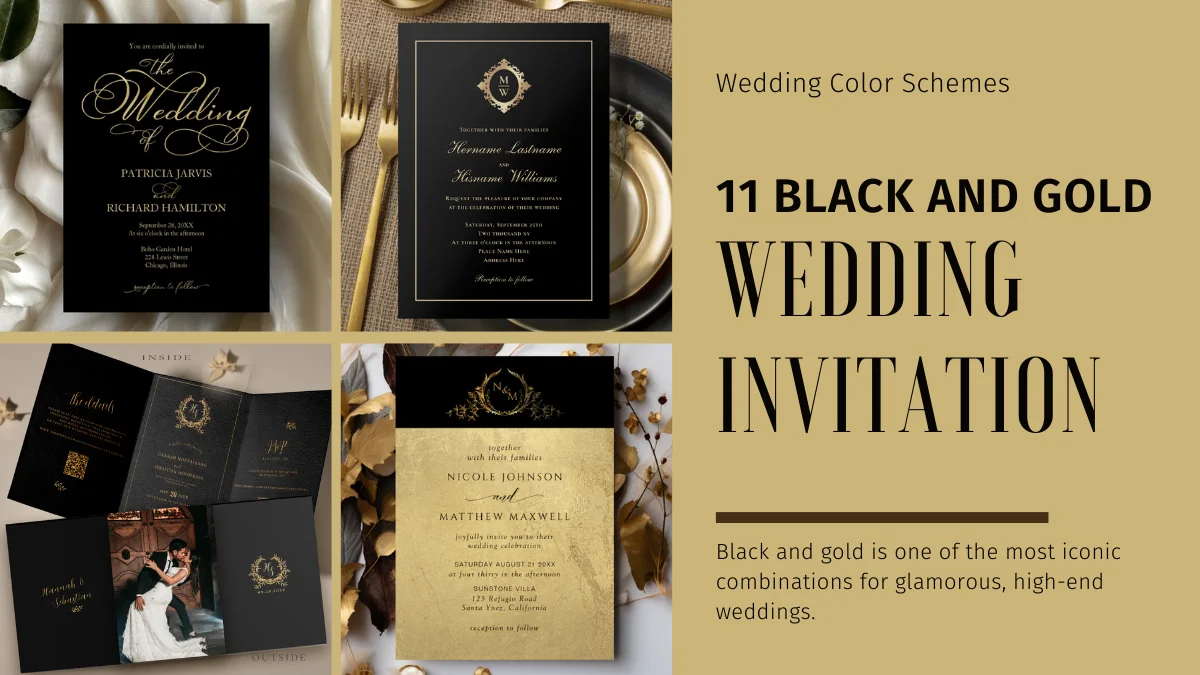 Black and gold wedding invitation flatlay with glamorous metallic accents and modern typography