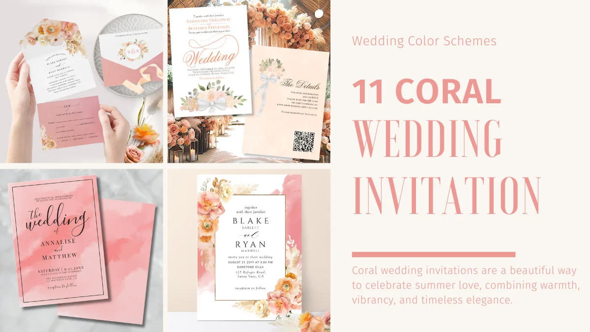 Coral wedding invitation flatlay with fresh summer tones and elegant modern details
