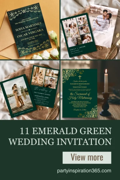 Emerald green wedding invitation design with luxurious gold accents and elegant classic details
