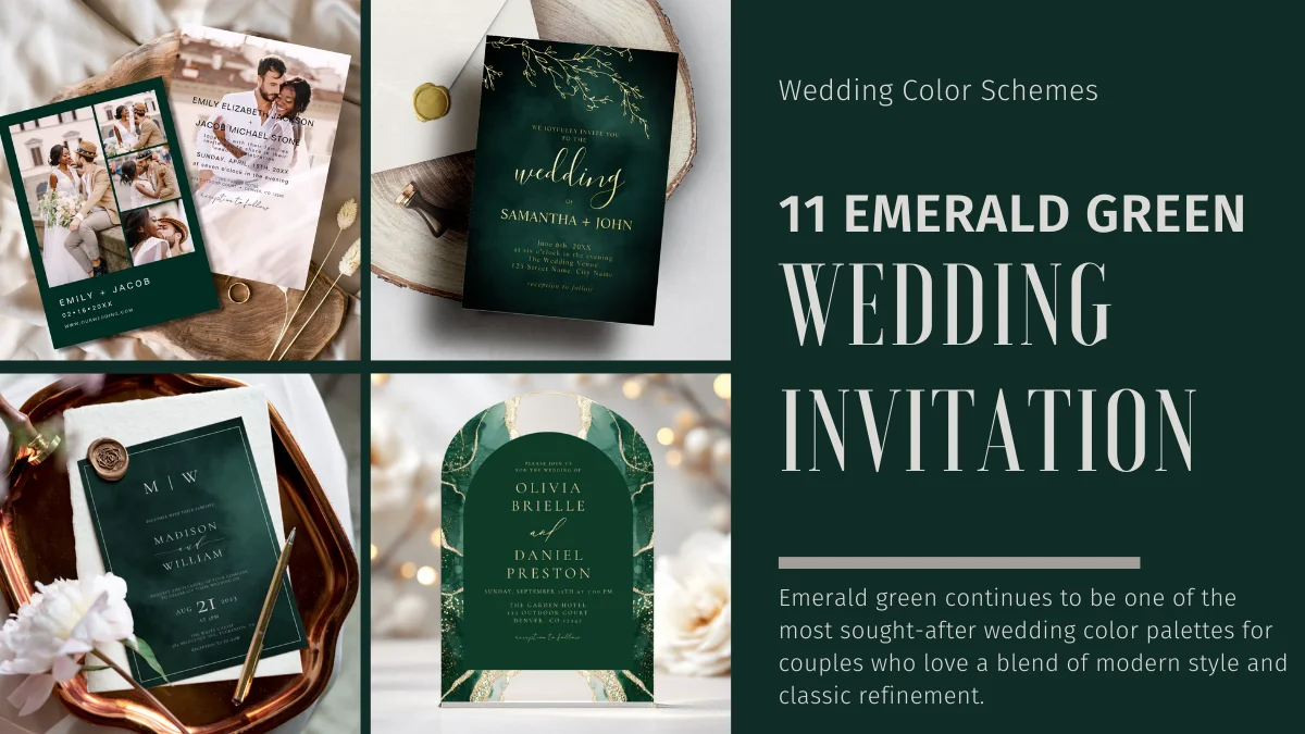 Emerald green wedding invitation flatlay with elegant gold details and classic typography