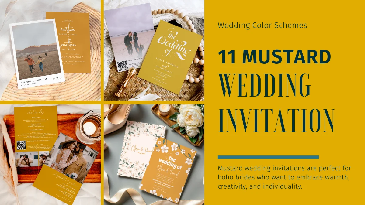 Mustard wedding invitation flatlay with warm boho tones and artistic design details