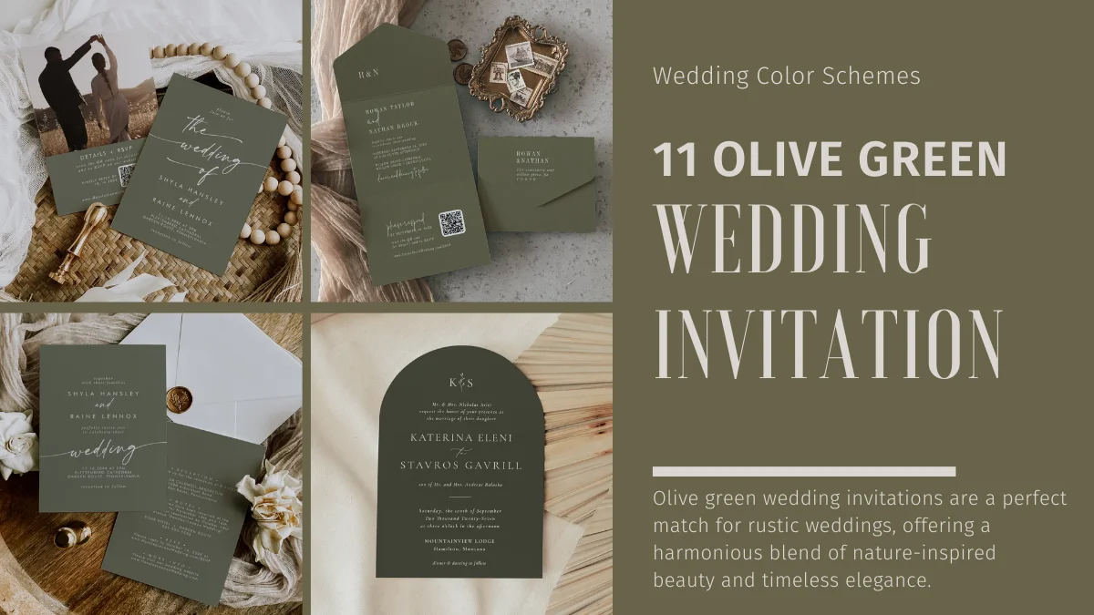 Olive green wedding invitation flatlay with rustic earthy tones and natural design elements