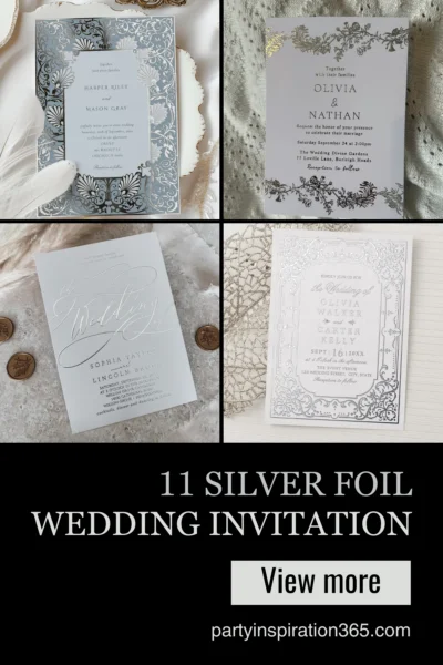Silver foil wedding invitation design with luminous metallic accents and elegant modern details