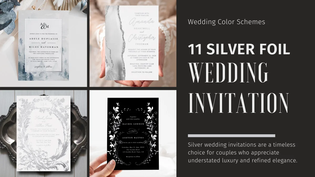 Silver foil wedding invitation flatlay with metallic details and elegant modern typography