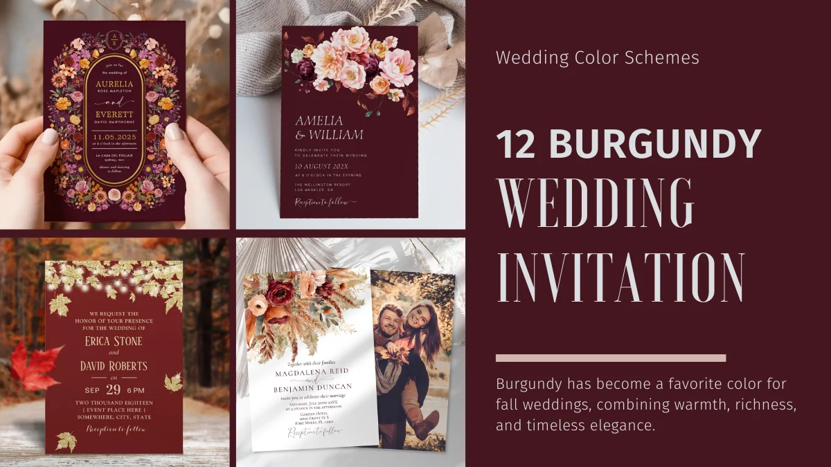 Burgundy wedding invitation flatlay with warm fall tones and elegant floral details