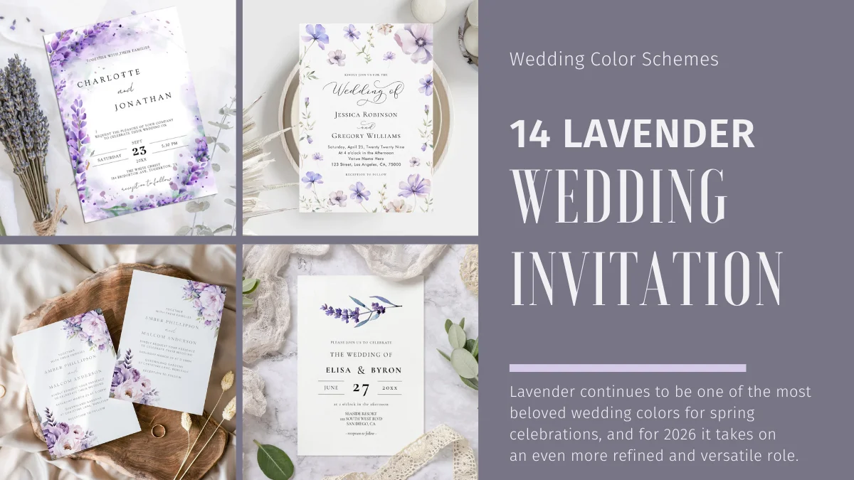 Lavender wedding invitation flatlay with soft pastel tones and delicate floral details