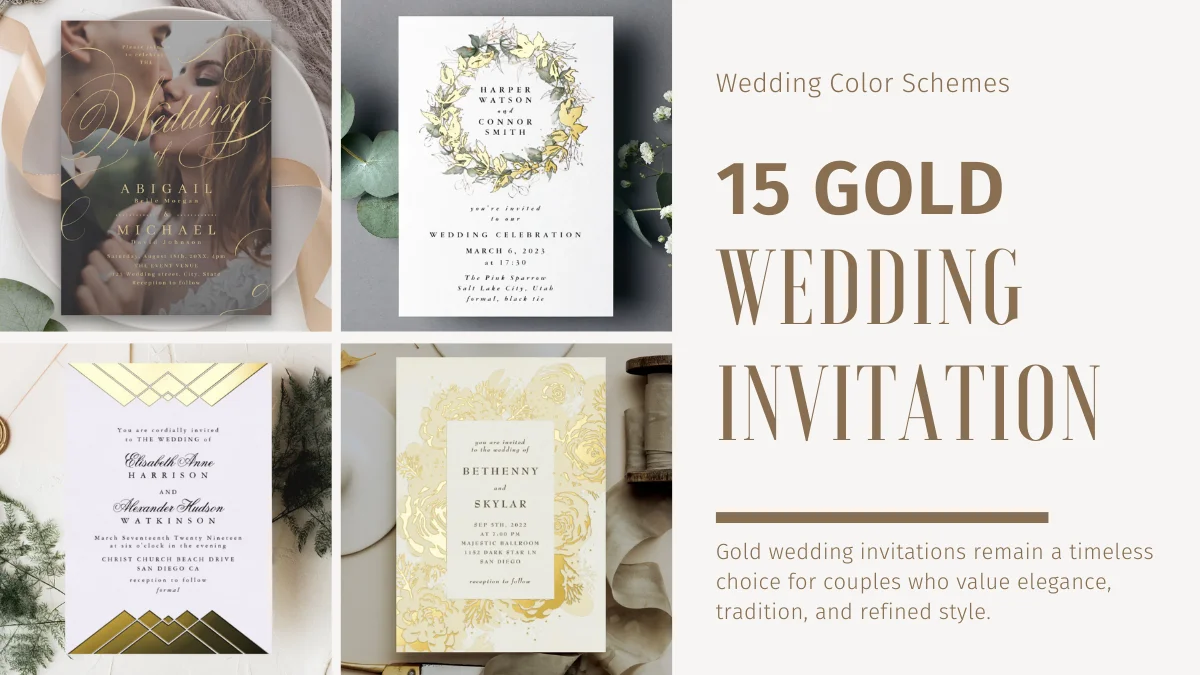Gold wedding invitation flatlay with classic elegant details and refined metallic accents