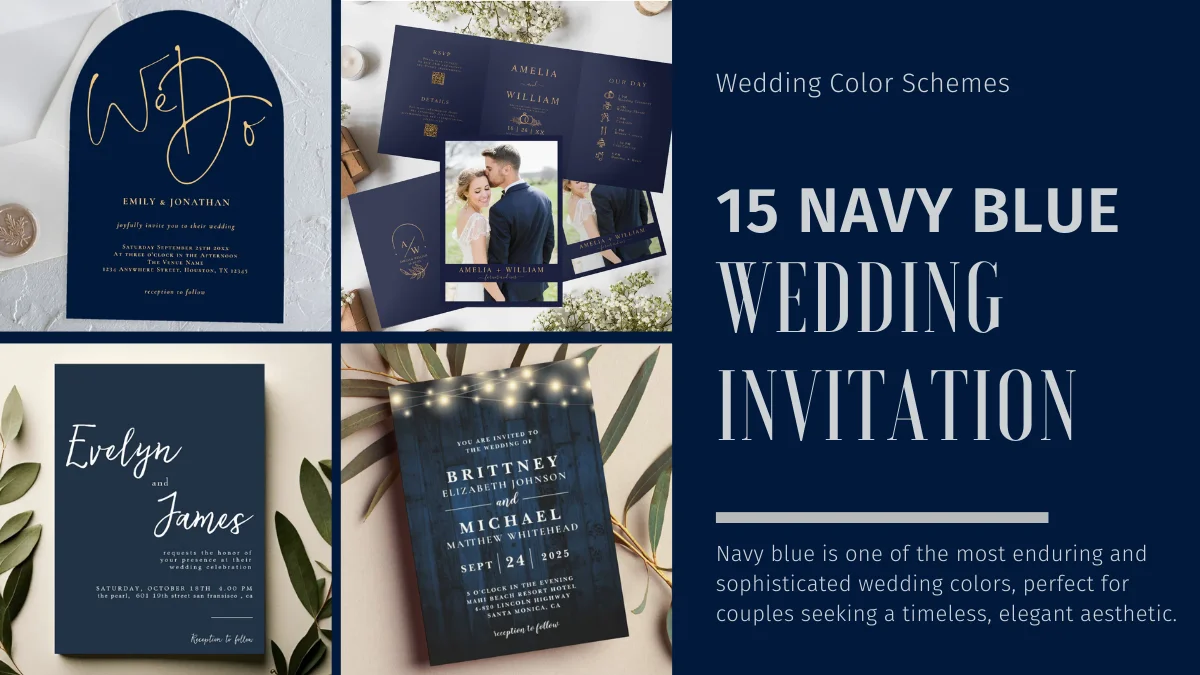Navy blue wedding invitation flatlay with elegant gold accents and modern typography