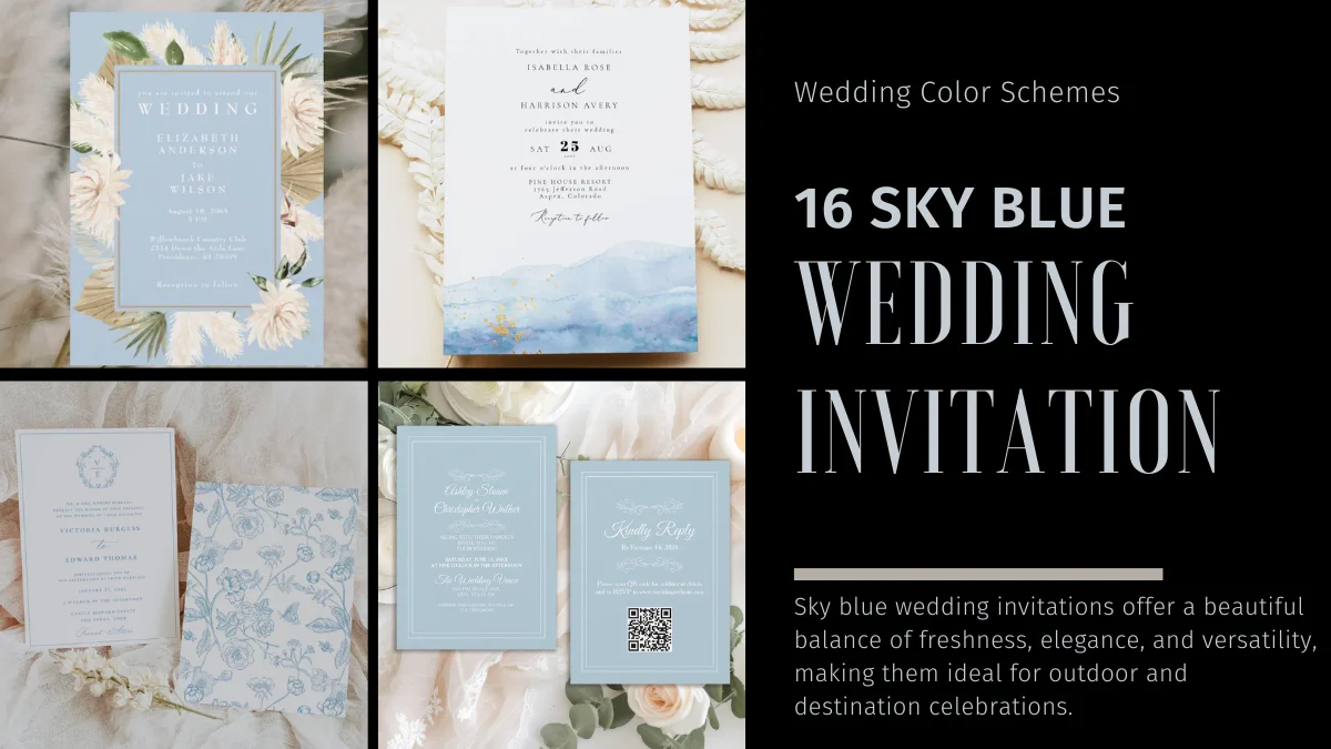 Sky blue wedding invitation flatlay with fresh airy tones and elegant modern details