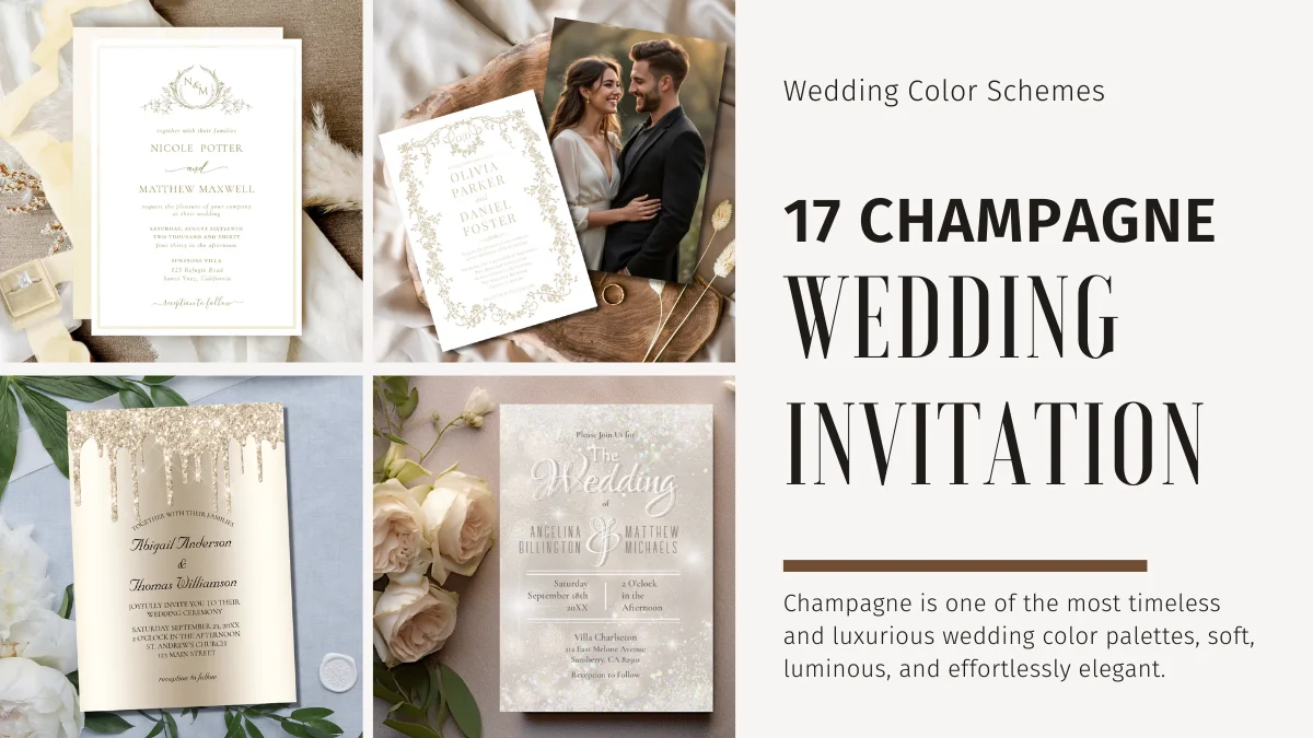 Champagne wedding invitation flatlay with soft neutral tones and luxurious gold details