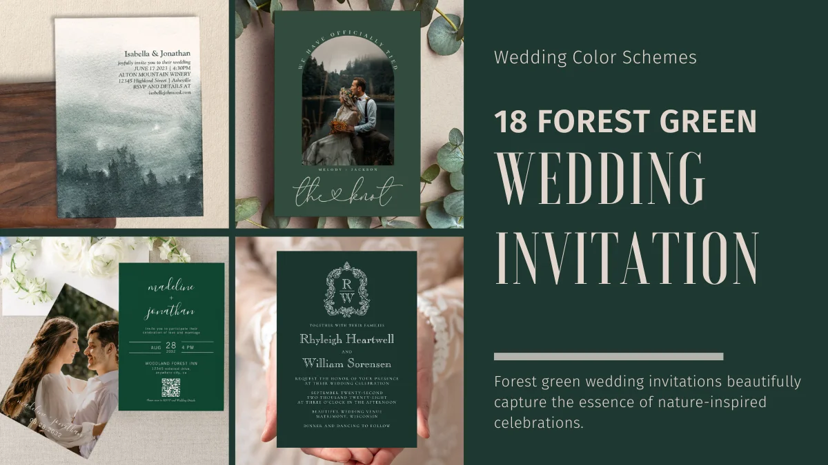 Forest green wedding invitation flatlay with deep natural tones and elegant classic details