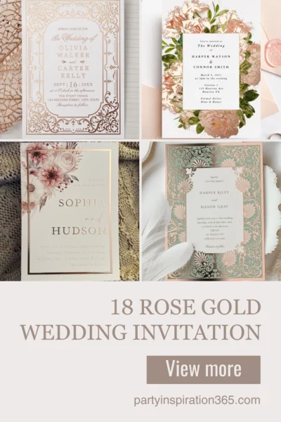 Rose gold wedding invitation design with luminous metallic accents and glamorous elegant details