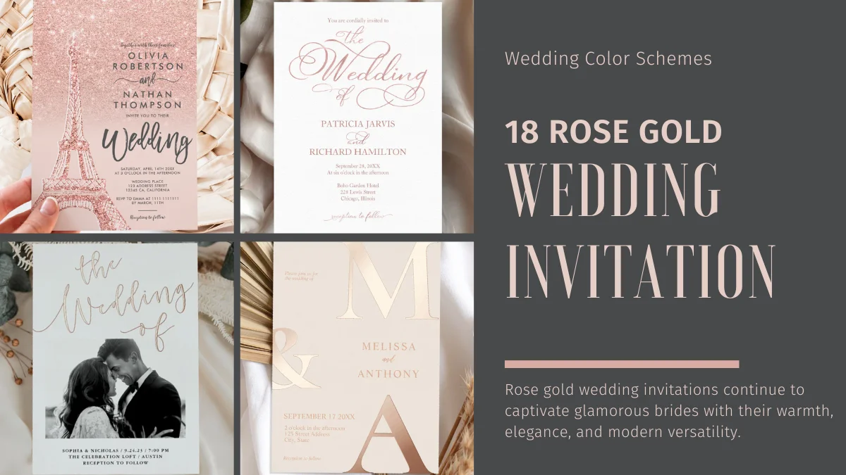 Rose gold wedding invitation flatlay with glamorous metallic accents and elegant modern typography