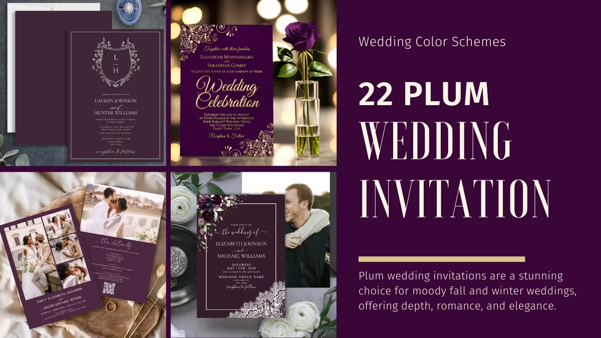 Plum wedding invitation flatlay with deep moody tones and elegant fall details