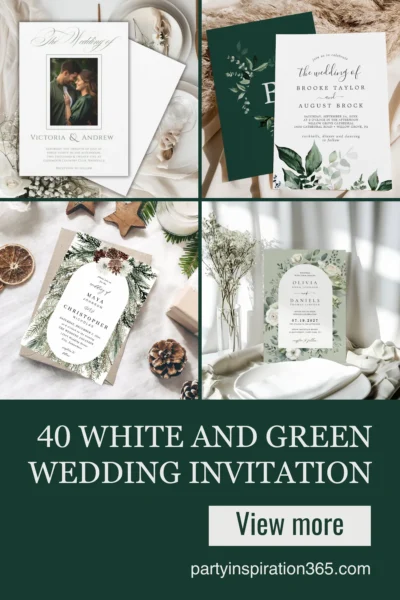White and green wedding invitation design with fresh botanical elements and timeless elegant details