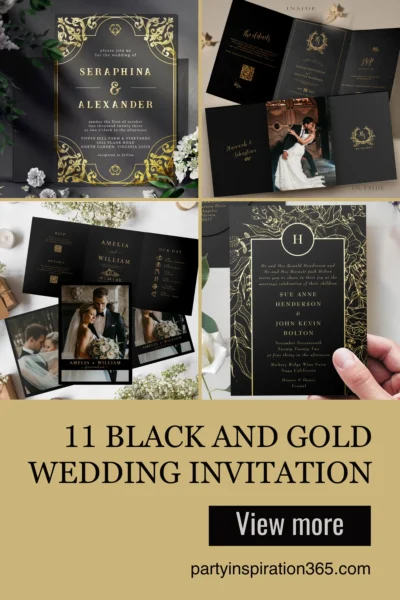 Black and gold wedding invitation design with metallic accents and a glamorous modern aesthetic