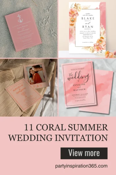 Coral wedding invitation design with bright summer tones and elegant modern details