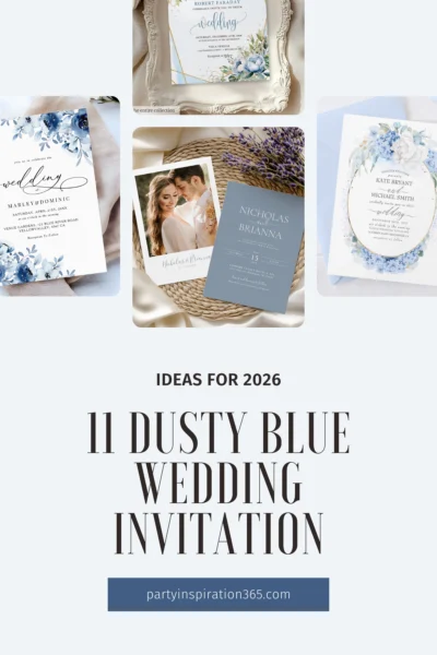 Dusty blue wedding invitation flat lay with elegant floral details and soft romantic aesthetic.