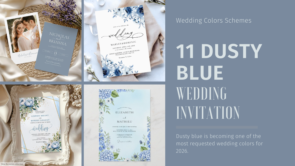 Elegant dusty blue wedding invitation flat lay with soft floral accents and modern romantic styling.
