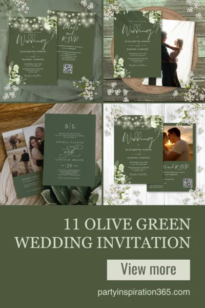 Olive green wedding invitation design with rustic earthy tones and natural botanical details