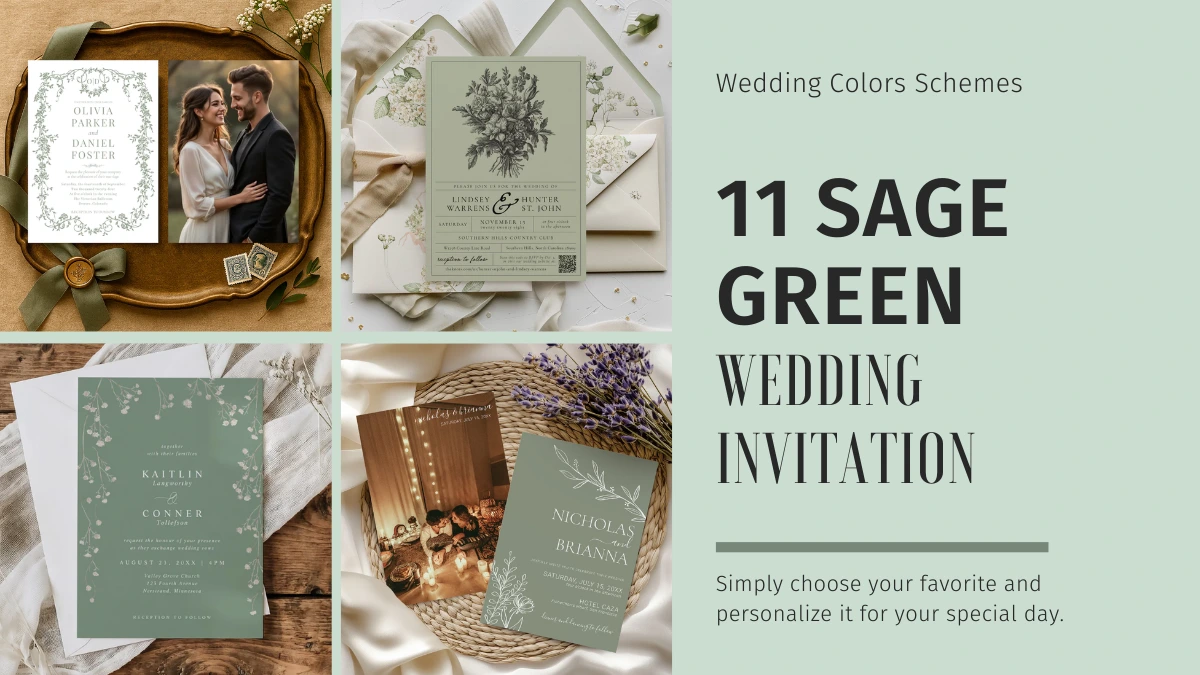 Elegant sage green wedding invitations featuring floral and minimalist designs, perfect for modern 2026 wedding color schemes and inspiration.