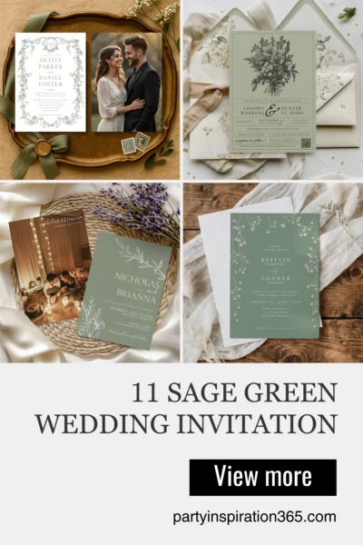 Elegant sage green wedding invitations featuring floral, minimalist, and boho designs for modern 2026 wedding color schemes.