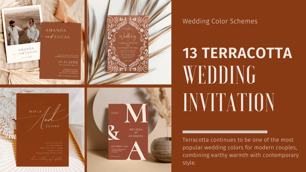 Terracotta wedding invitation flatlay featuring modern minimalist details and warm earthy tones